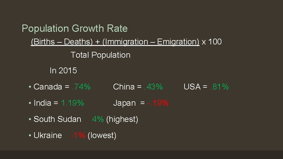 Population Growth Rate (Births – Deaths) + (Immigration – Emigration) x 100 Total Population