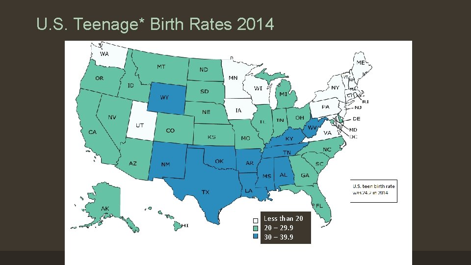 U. S. Teenage* Birth Rates 2014 Less than 20 20 – 29. 9 30