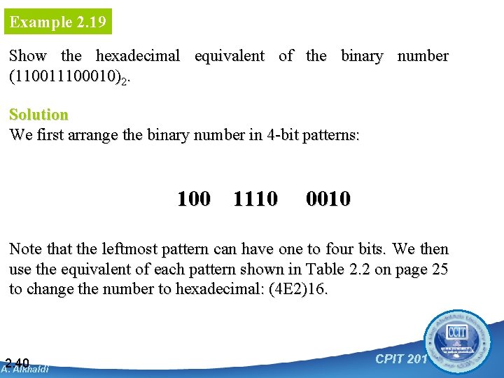 Example 2. 19 Show the hexadecimal equivalent of the binary number (110011100010)2. Solution We