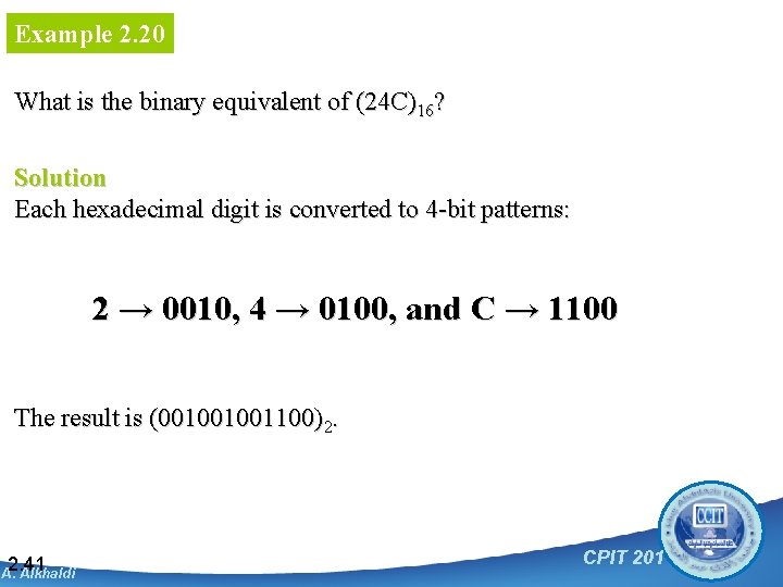 Example 2. 20 What is the binary equivalent of (24 C)16? Solution Each hexadecimal