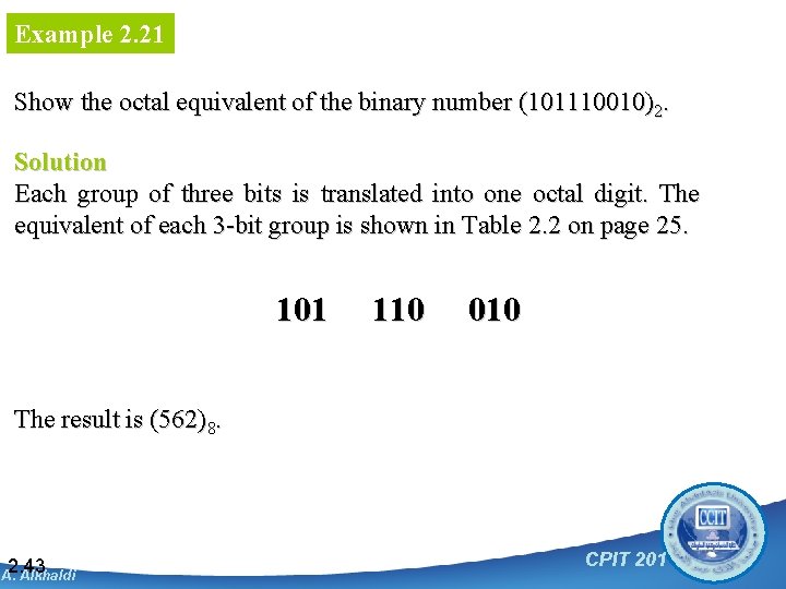 Example 2. 21 Show the octal equivalent of the binary number (101110010)2. Solution Each