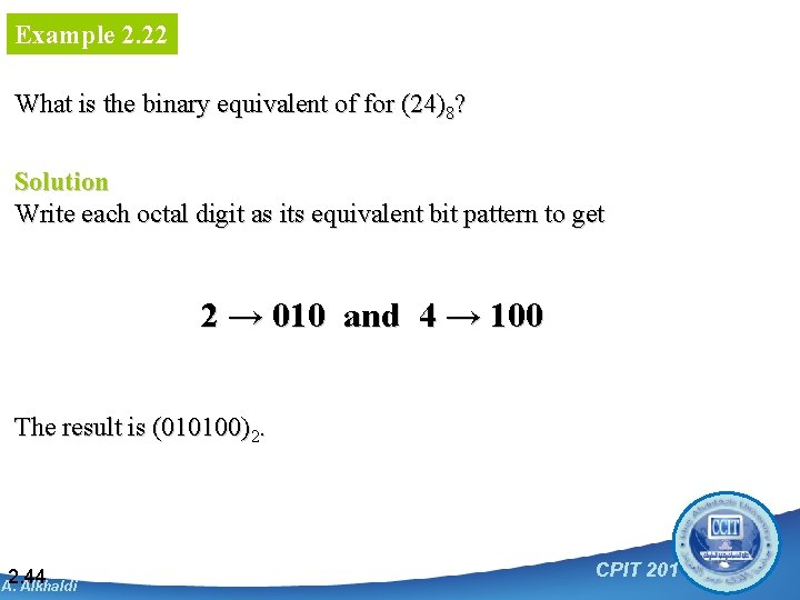 Example 2. 22 What is the binary equivalent of for (24)8? Solution Write each