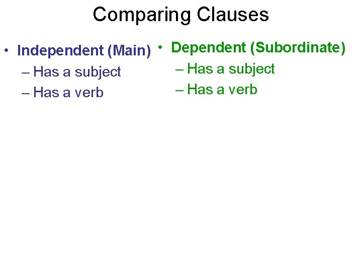 Comparing Clauses • Independent (Main) • Dependent (Subordinate) – Has a subject – Has Comparing Clauses • Independent (Main) • Dependent (Subordinate) – Has a subject – Has