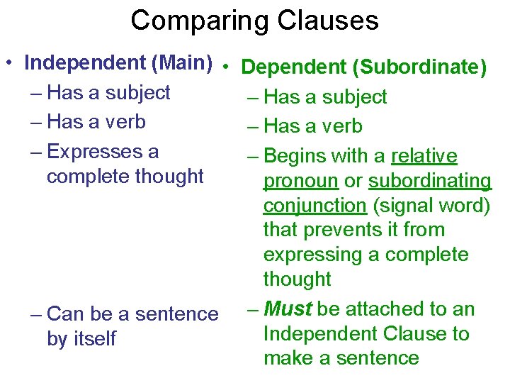 Comparing Clauses • Independent (Main) • Dependent (Subordinate) – Has a subject – Has Comparing Clauses • Independent (Main) • Dependent (Subordinate) – Has a subject – Has