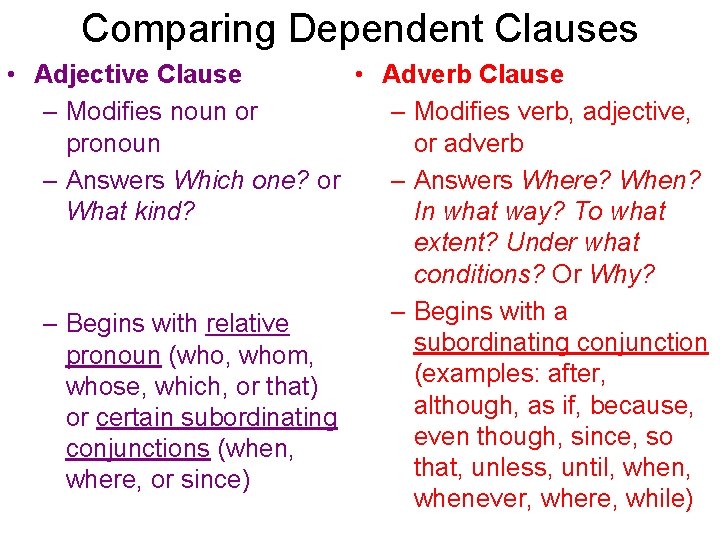 Comparing Dependent Clauses • Adjective Clause • Adverb Clause – Modifies noun or – Comparing Dependent Clauses • Adjective Clause • Adverb Clause – Modifies noun or –