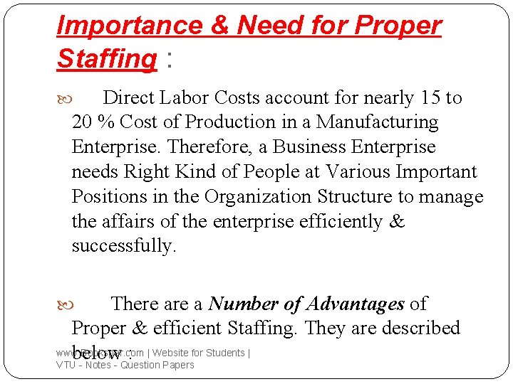 Importance & Need for Proper Staffing : Direct Labor Costs account for nearly 15