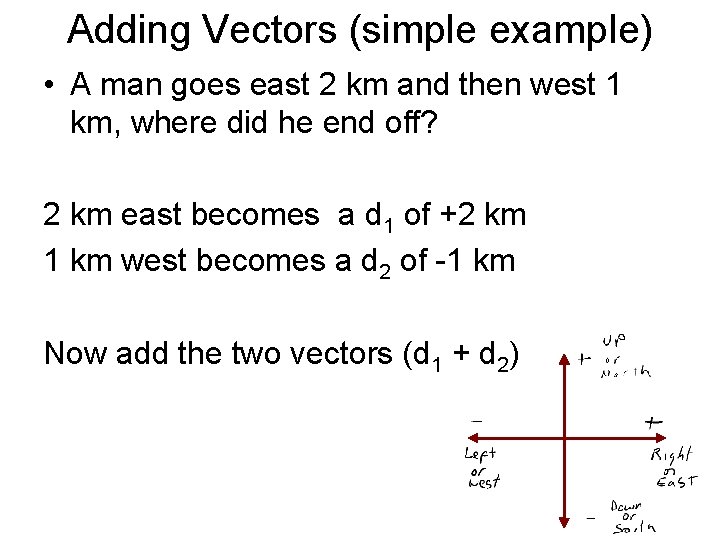 Adding Vectors (simple example) • A man goes east 2 km and then west