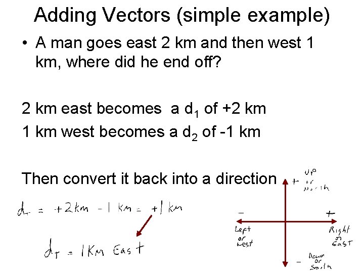 Adding Vectors (simple example) • A man goes east 2 km and then west