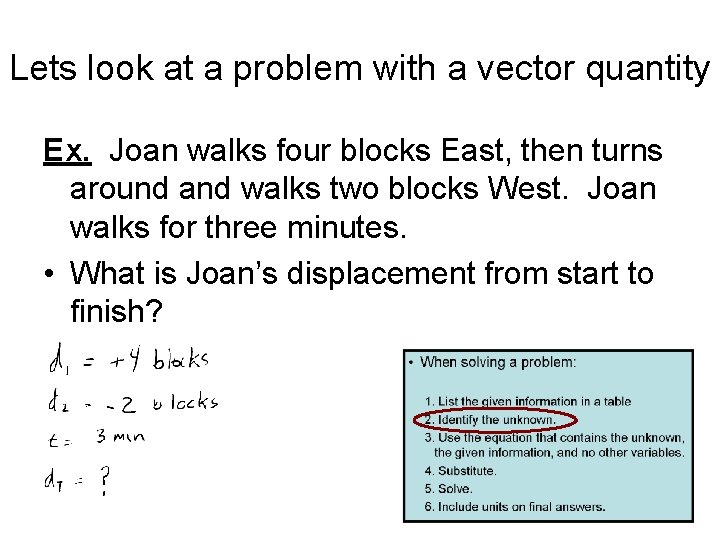 Lets look at a problem with a vector quantity Ex. Joan walks four blocks