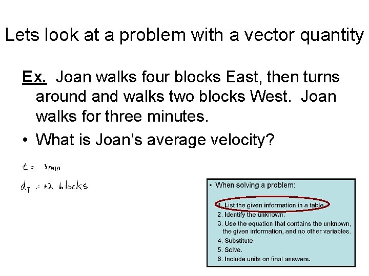 Lets look at a problem with a vector quantity Ex. Joan walks four blocks