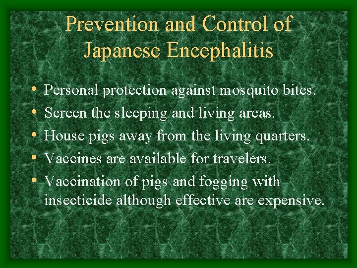 Prevention and Control of Japanese Encephalitis • • • Personal protection against mosquito bites.