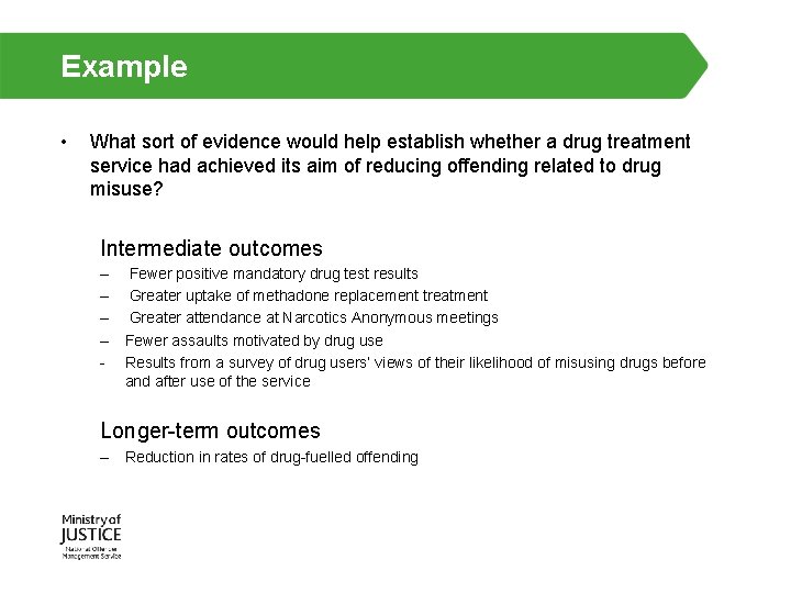 Example • What sort of evidence would help establish whether a drug treatment service