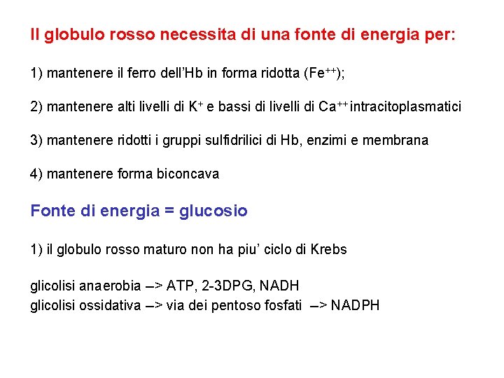 Il globulo rosso necessita di una fonte di energia per: 1) mantenere il ferro