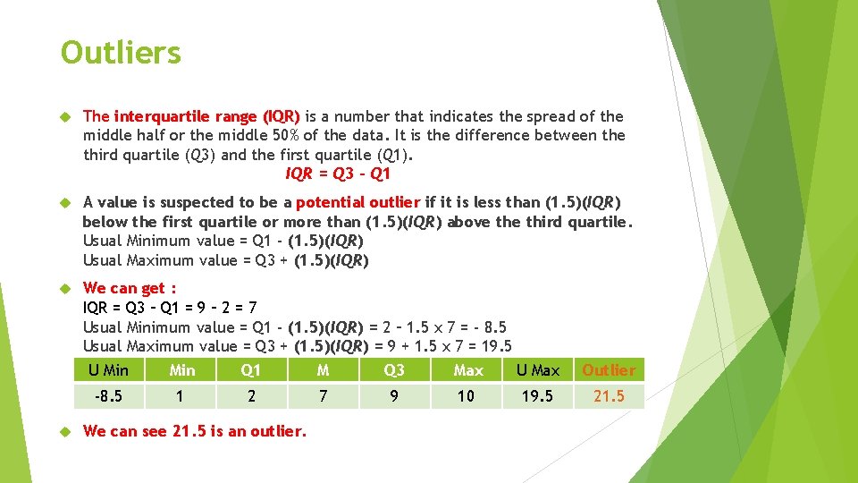 Outliers The interquartile range (IQR) is a number that indicates the spread of the