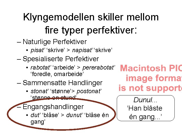 Klyngemodellen skiller mellom fire typer perfektiver: – Naturlige Perfektiver • pisat’ ‘skrive’ > napisat’