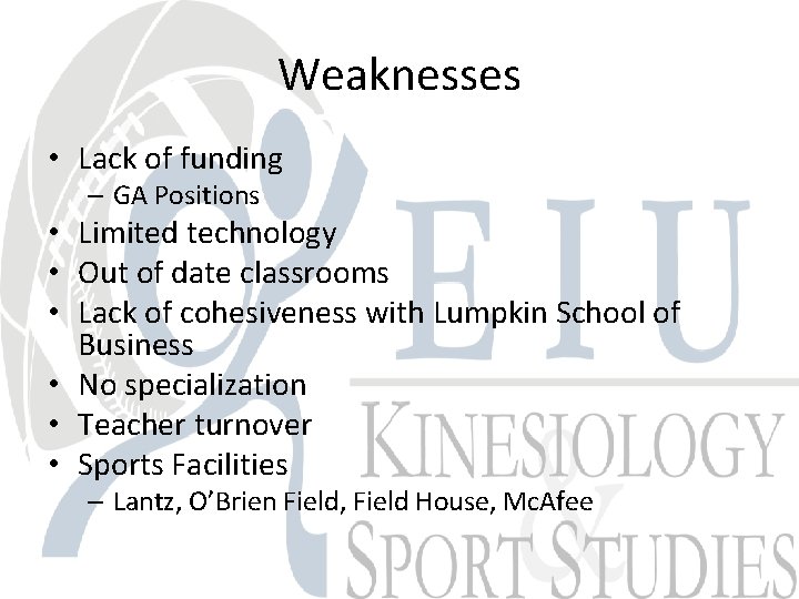 Weaknesses • Lack of funding – GA Positions • Limited technology • Out of