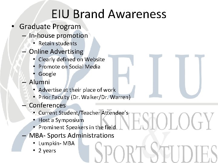 EIU Brand Awareness • Graduate Program – In-house promotion • Retain students – Online