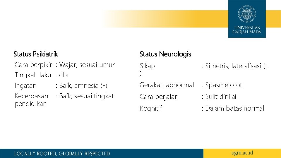 Status Psikiatrik Cara berpikir : Wajar, sesuai umur Tingkah laku : dbn Ingatan :