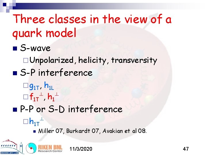 Three classes in the view of a quark model n S-wave ¨ Unpolarized, n