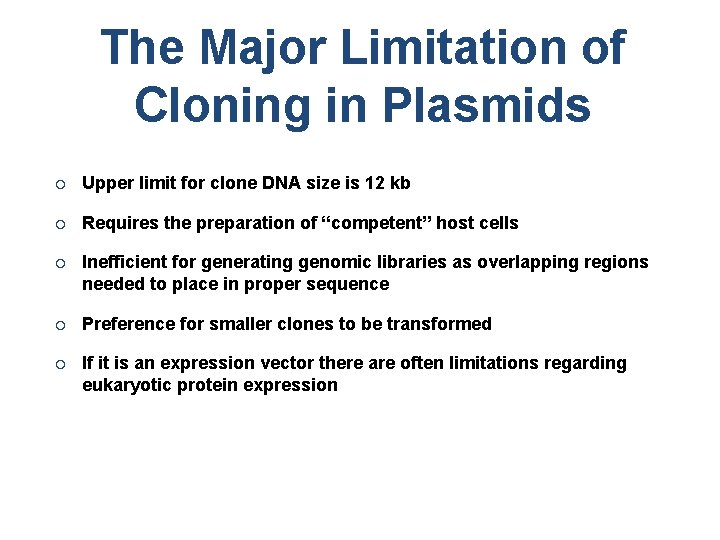 The Major Limitation of Cloning in Plasmids ¡ Upper limit for clone DNA size
