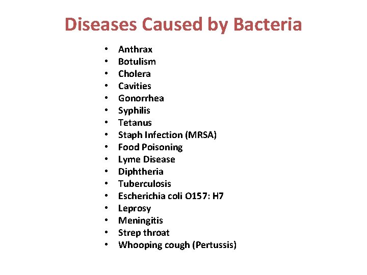 Diseases Caused by Bacteria • • • • • Anthrax Botulism Cholera Cavities Gonorrhea