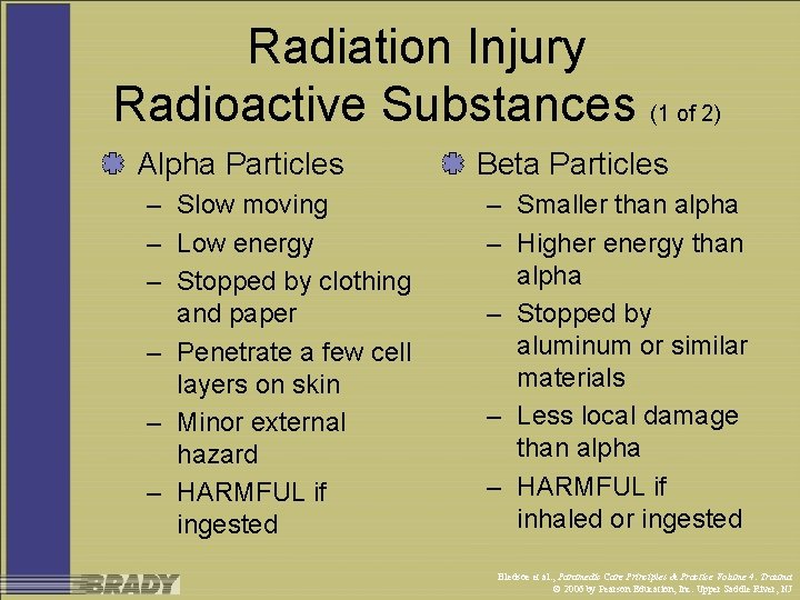 Radiation Injury Radioactive Substances (1 of 2) Alpha Particles – Slow moving – Low