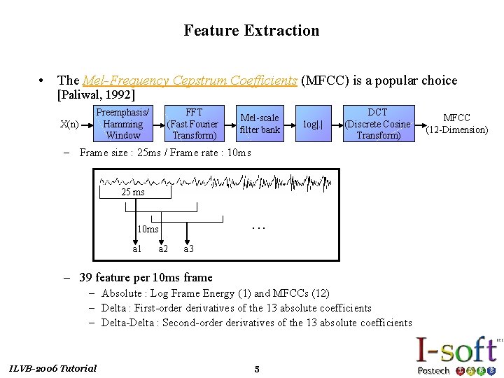Feature Extraction • The Mel-Frequency Cepstrum Coefficients (MFCC) is a popular choice [Paliwal, 1992]