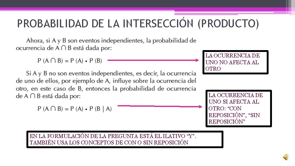 PROBABILIDAD DE LA INTERSECCIÓN (PRODUCTO) LA OCURRENCIA DE UNO NO AFECTA AL OTRO LA