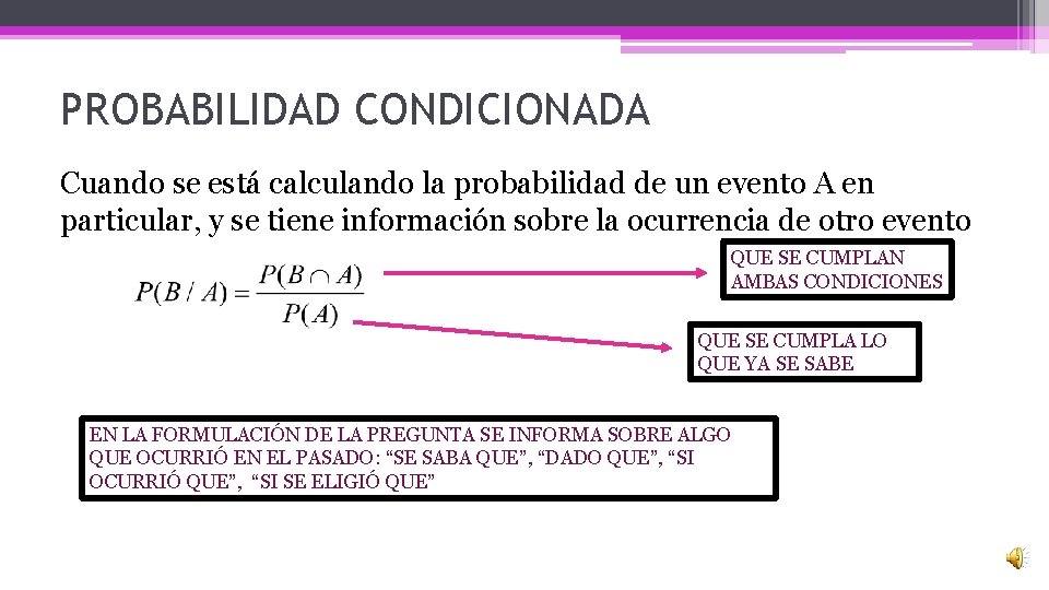 PROBABILIDAD CONDICIONADA Cuando se está calculando la probabilidad de un evento A en particular,