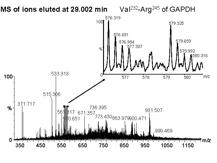 MS of ions eluted at 29. 002 min 100 Val 232 -Arg 245 of