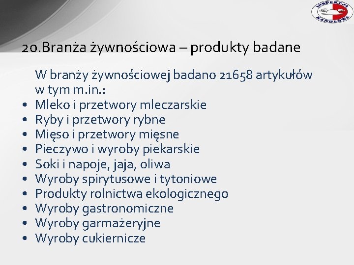 20. Branża żywnościowa – produkty badane • • • W branży żywnościowej badano 21658