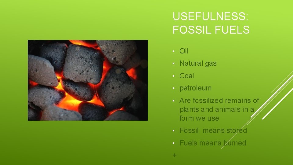 USEFULNESS: FOSSIL FUELS • Oil • Natural gas • Coal • petroleum • Are