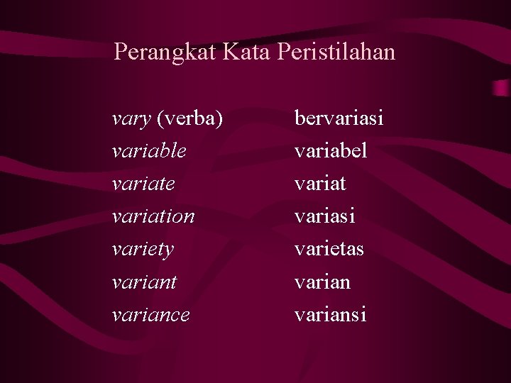 Perangkat Kata Peristilahan vary (verba) variable variation variety variant variance bervariasi variabel variat variasi