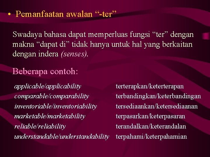  • Pemanfaatan awalan “-ter” Swadaya bahasa dapat memperluas fungsi “ter” dengan makna “dapat