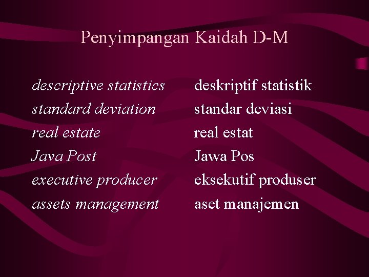Penyimpangan Kaidah D-M descriptive statistics standard deviation real estate Java Post executive producer assets