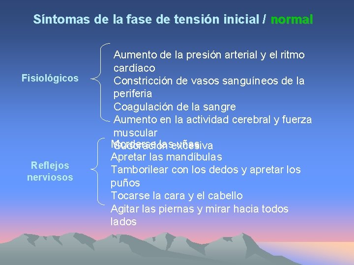 Síntomas de la fase de tensión inicial / normal Fisiológicos Reflejos nerviosos Aumento de