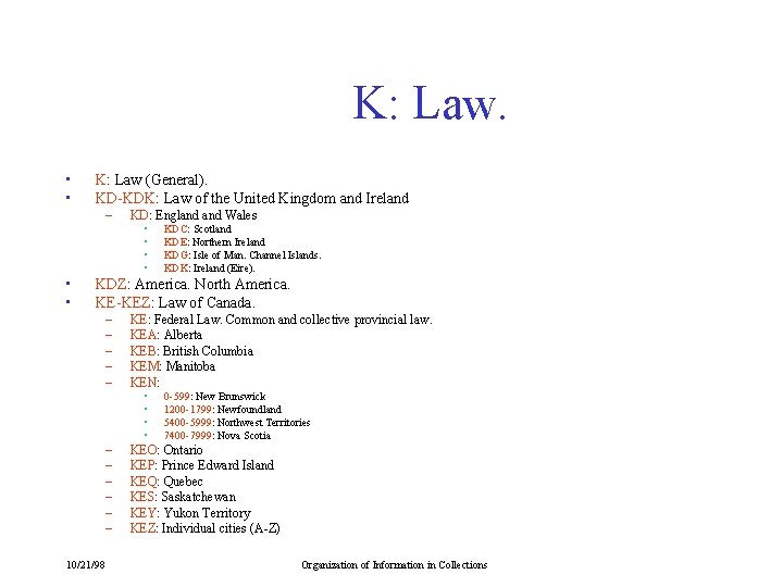 K: Law. • • K: Law (General). KD-KDK: Law of the United Kingdom and