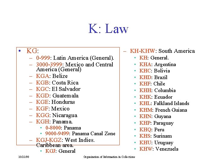 K: Law • KG: – KH-KHW: South America – 0 -999: Latin America (General).