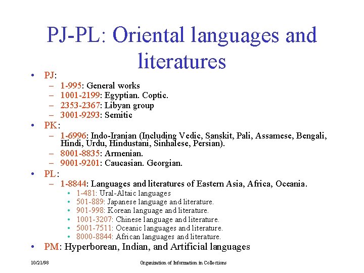  • PJ-PL: Oriental languages and literatures PJ: – – • PK: 1 -995: