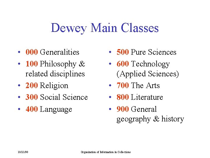 Dewey Main Classes • 000 Generalities • 100 Philosophy & related disciplines • 200