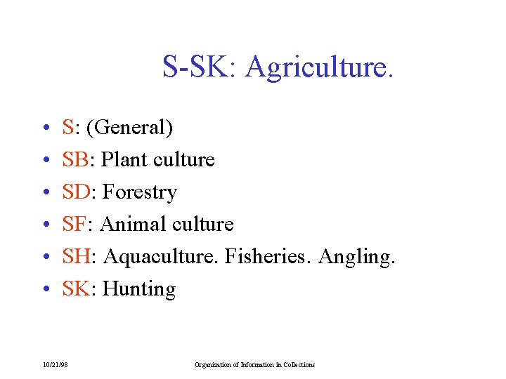 S-SK: Agriculture. • • • S: (General) SB: Plant culture SD: Forestry SF: Animal
