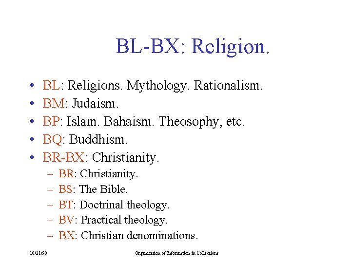 BL-BX: Religion. • • • BL: Religions. Mythology. Rationalism. BM: Judaism. BP: Islam. Bahaism.