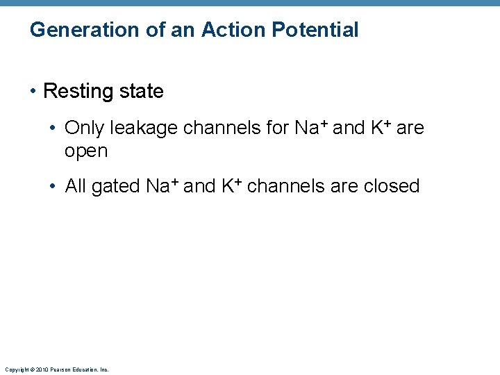 Generation of an Action Potential • Resting state • Only leakage channels for Na+