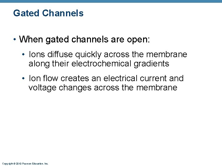 Gated Channels • When gated channels are open: • Ions diffuse quickly across the