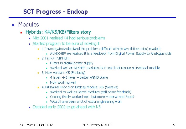 SCT Progress - Endcap n Modules n Hybrids: K 4/K 5/KB/Filters story n n