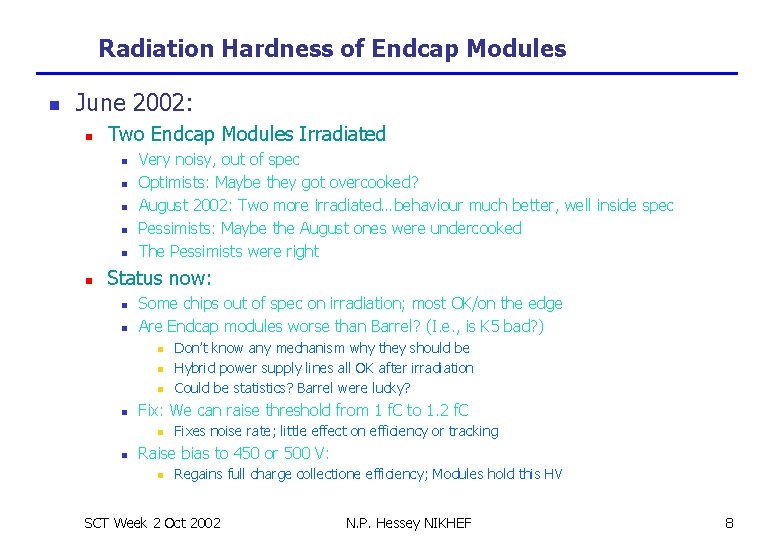 Radiation Hardness of Endcap Modules n June 2002: n Two Endcap Modules Irradiated n