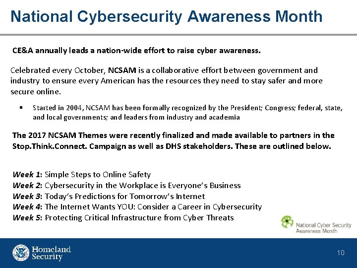 National Cybersecurity Awareness Month CE&A annually leads a nation-wide effort to raise cyber awareness.