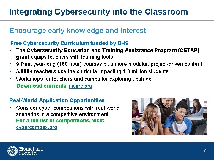 Integrating Cybersecurity into the Classroom Encourage early knowledge and interest Free Cybersecurity Curriculum funded