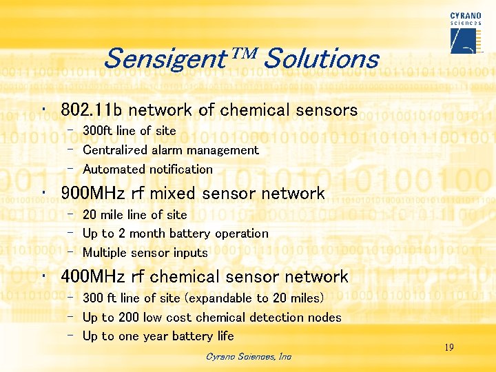 Sensigent Solutions • 802. 11 b network of chemical sensors – 300 ft line