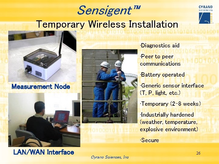 Sensigent™ Temporary Wireless Installation • Diagnostics aid • Peer to peer communications • Battery